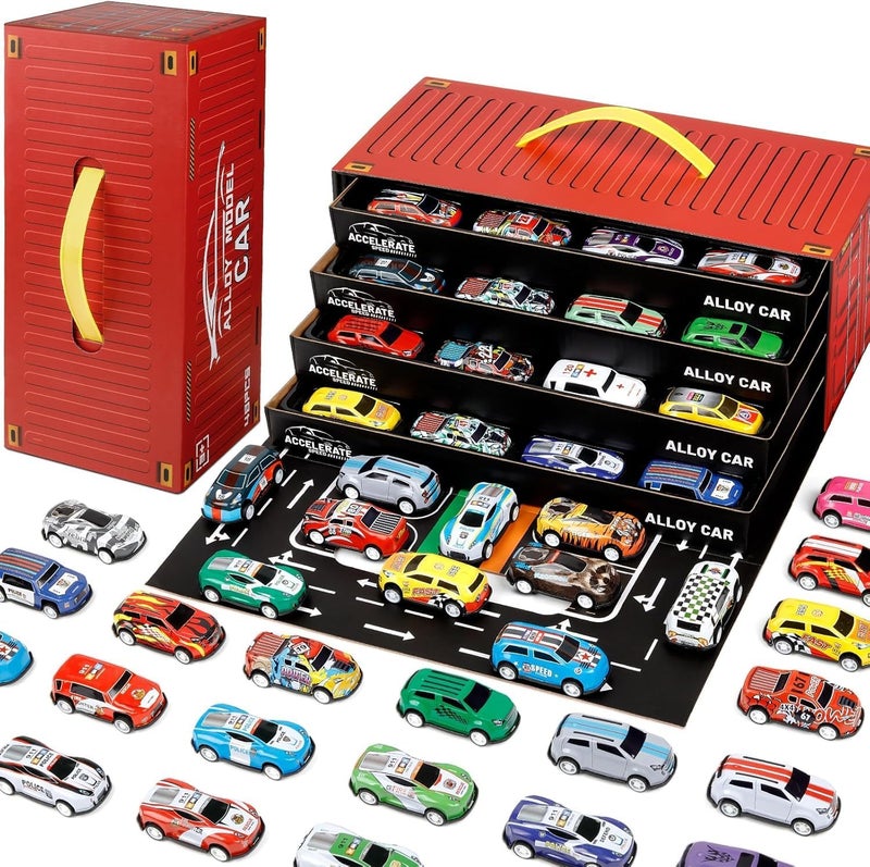 RAZZES Toy Cars for Kids, 48 Pull Back Race Cars Toys, Container Storage Box, Die Cast Metal Toy Car Set, Racing Pattern, Race Car Party Favors, Small Caar for Boys Girls Toddlers 3-8 Years - Image 1