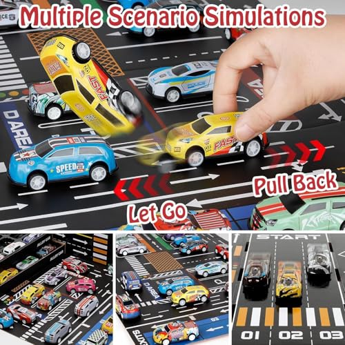 RAZZES Toy Cars for Kids, 48 Pull Back Race Cars Toys, Container Storage Box, Die Cast Metal Toy Car Set, Racing Pattern, Race Car Party Favors, Small Caar for Boys Girls Toddlers 3-8 Years - Image 4