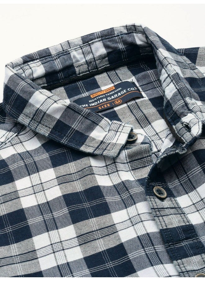 Navy Slim Fit Casual Checked Spread Collar Full Sleeves Cotton Shirt - pzsku/Z6DA64B55E80C94637384Z/45/_/1732894390/2e2a6465-c3da-4e0b-b6ee-7a106e2ff8ab