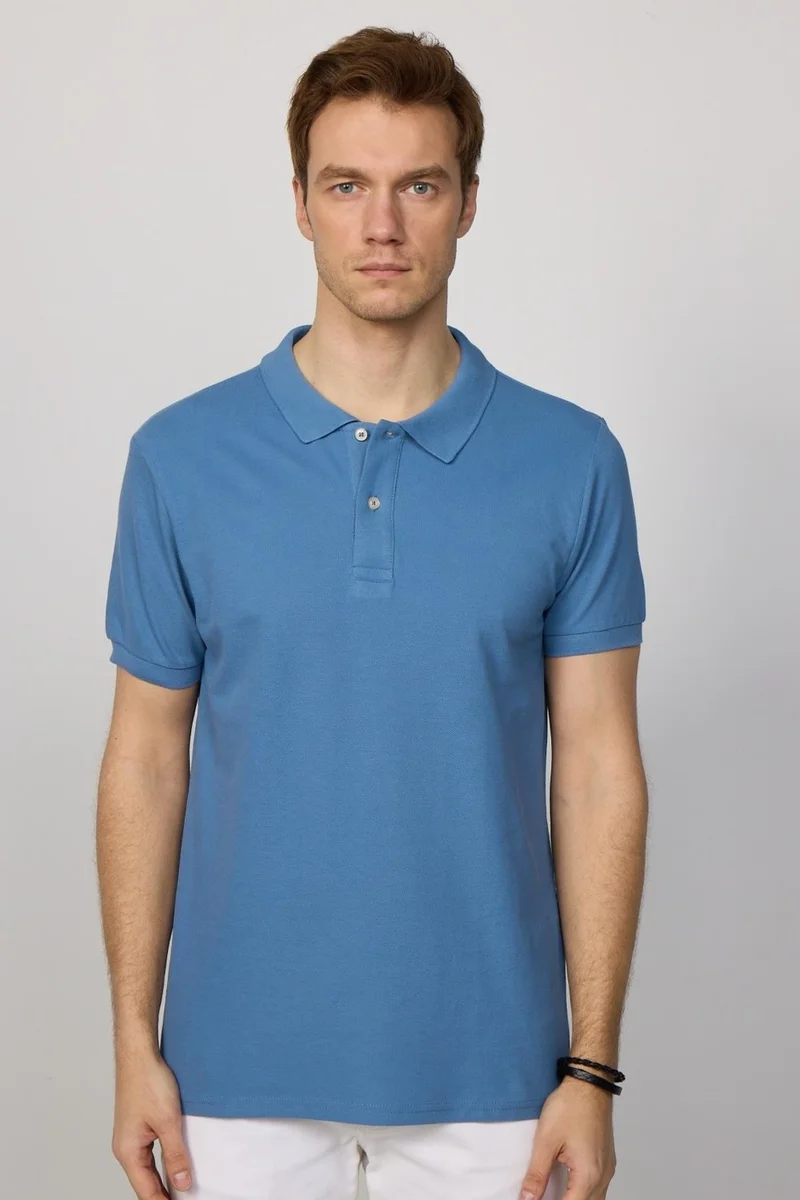 Tudors Men's Slim Fit Narrow Cut Cotton Plain Pique Petrol Color Polo Collar T-Shirt