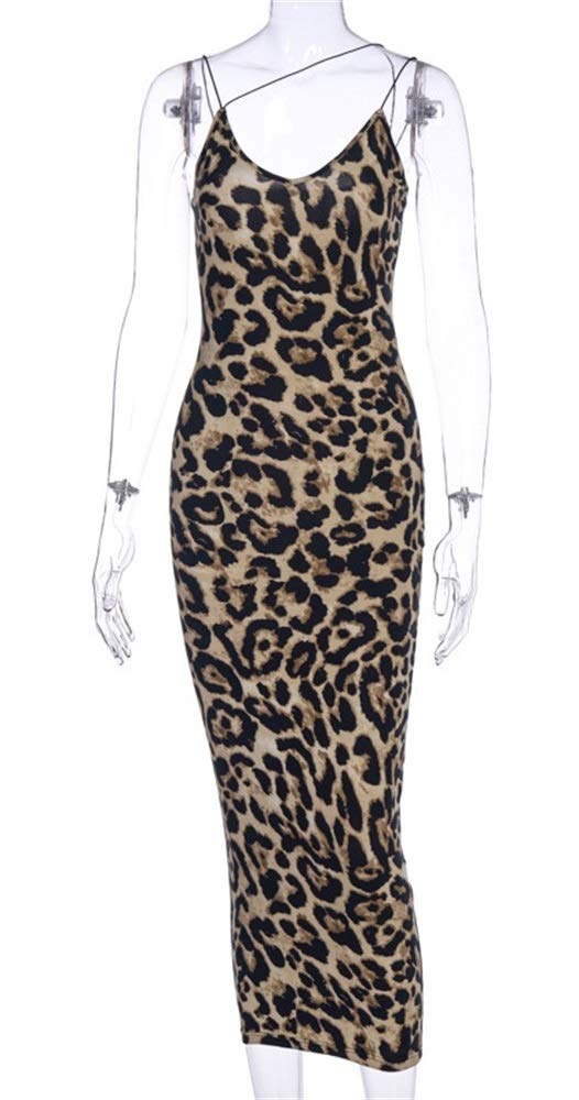 PRIMODA Women's Sexy Neon Asymmetrical Spaghetti Strap Dress Deep V-Neck Sleeveless Bodycon Midi Club Dress (Leopard S) - Image 4