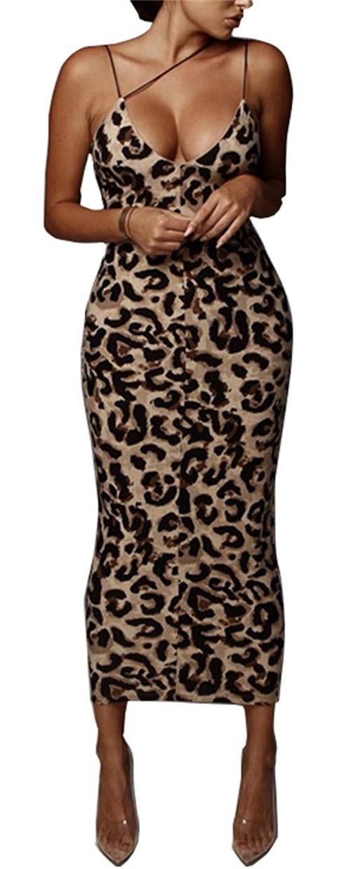 PRIMODA Women's Sexy Neon Asymmetrical Spaghetti Strap Dress Deep V-Neck Sleeveless Bodycon Midi Club Dress (Leopard S) - Image 1