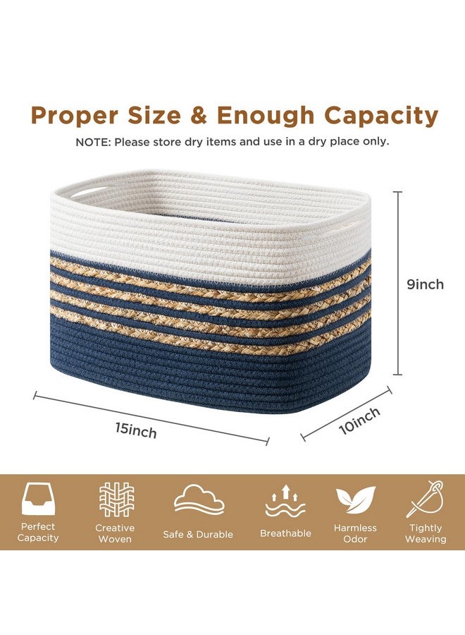 UBBCARE 4 Pack Baskets for Organizing, Woven Storage Baskets for Toys and Towel, Rectangle Cotton Rope Basket with Handles, 15''L x10''W x9''H, Navy Blue - Image 2