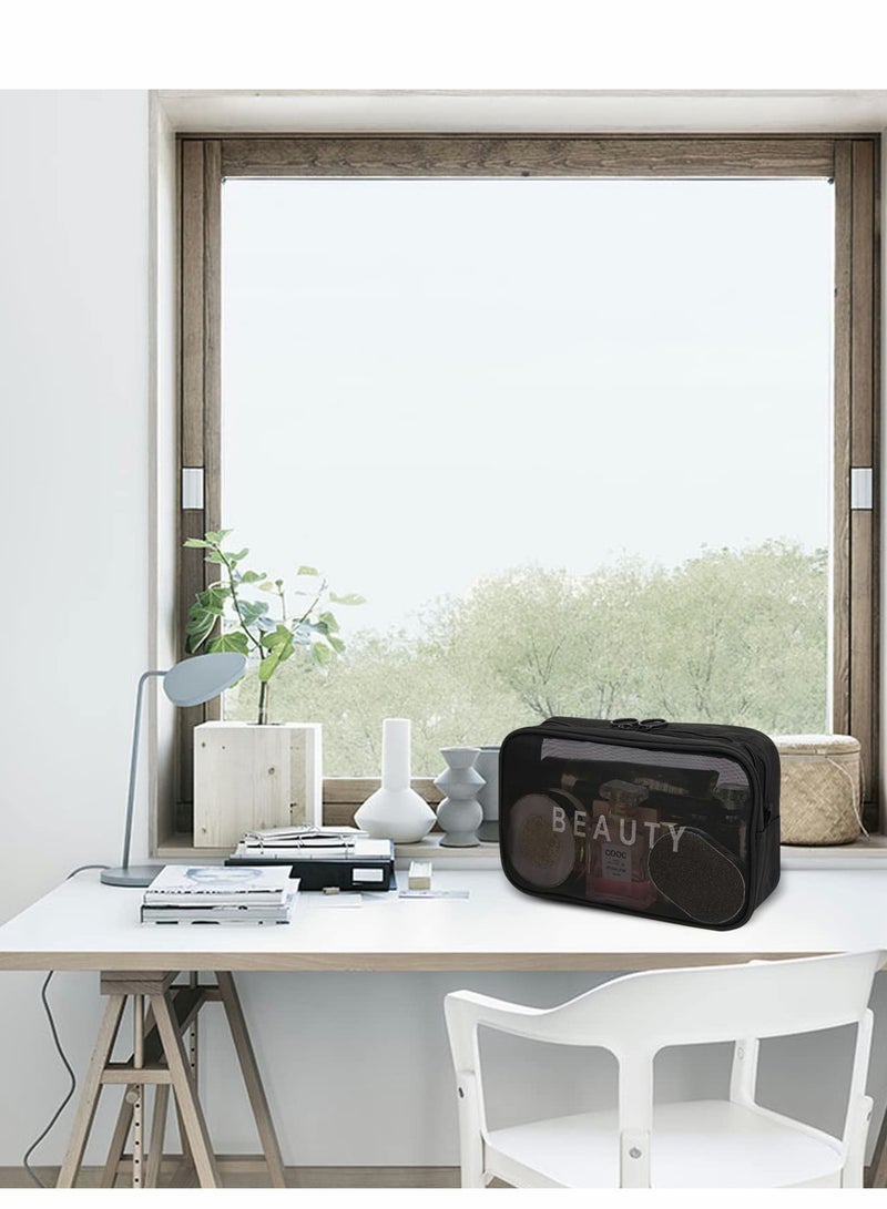 Stylish Mesh Makeup Bags for Women - Portable Nylon Organizer with Zipper for Travel & Home Use, Breathable Design in Black - Image 4