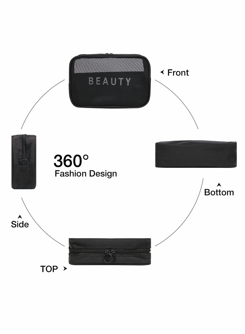 Stylish Mesh Makeup Bags for Women - Portable Nylon Organizer with Zipper for Travel & Home Use, Breathable Design in Black - Image 2
