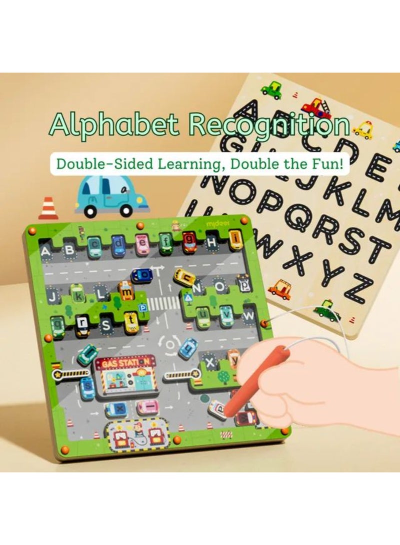 MiDeer Magnetic Maze – Parking Lot Alphabet Game | Double-Sided Wooden Learning Toy with Magnetic Pen | Letter Recognition, Fine Motor & Problem-Solving Skills for Toddlers & Kids Ages 3+ - Image 2