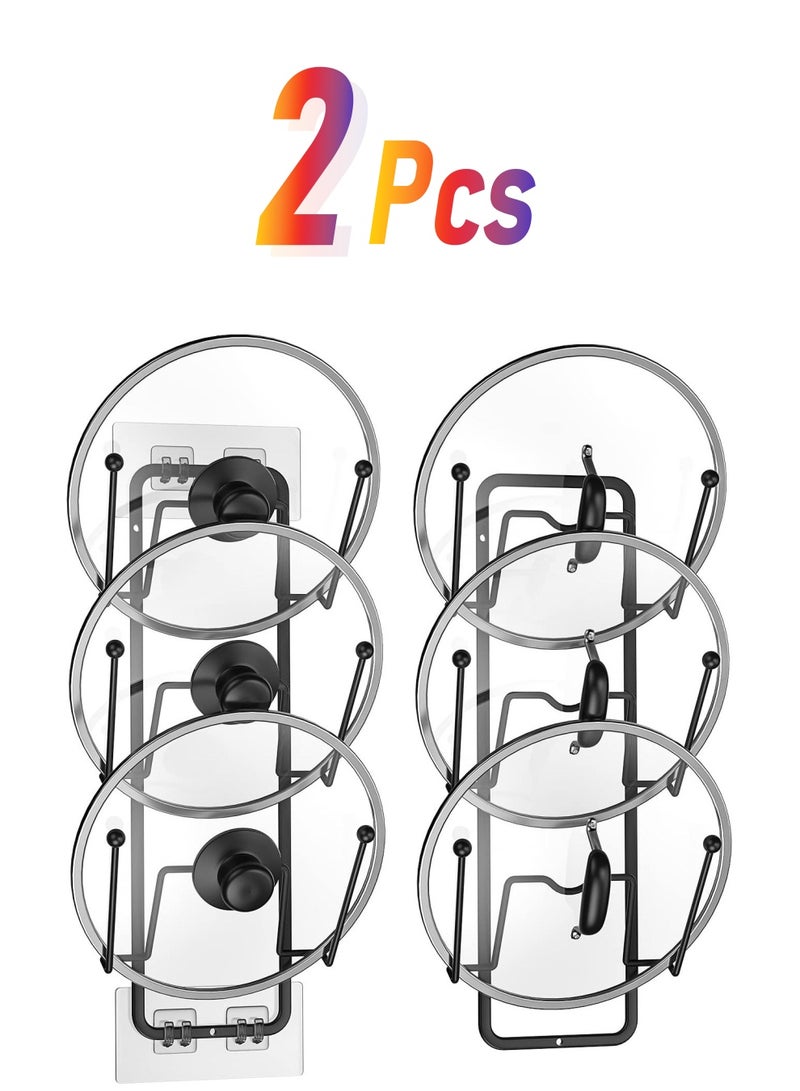 2 Pack Pot Lid Organizer Rack, 6 Tier Pot Lids Holder for Cabinet Door/Wall Mount, Reusable Pot Lid Rack Holder for Kitchen Storage with No Drilling Adhesive, Black - Image 1