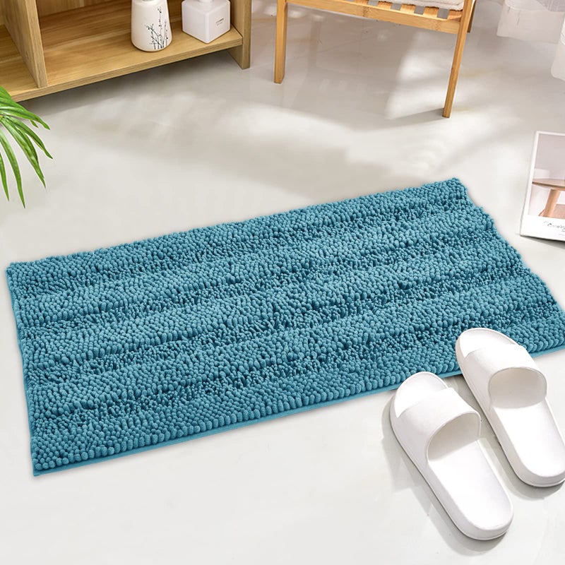 KGORGE Machine Washable Shower Rugs Water Absorbent Non Slip Soft Quick Dry Shaggy Microfiber Small Bath Mats for Kitchen Floor Tub Shower Entryway Bluish Green 47 W x 17 L 1Pc