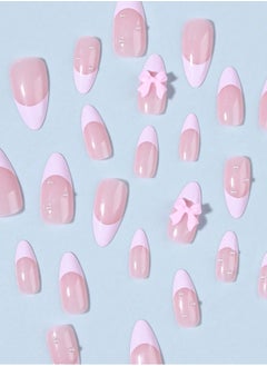 KHAJUL 24-Piece Full Cover False French Tip Press on Nails,Medium Fake Nails Almond Glue on Nails Bow Charm Pearl Design Acrylic Nails(Pink)  - Image 2