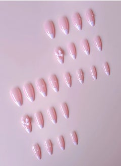 KHAJUL 24-Piece Full Cover False French Tip Press on Nails,Medium Fake Nails Almond Glue on Nails Bow Charm Pearl Design Acrylic Nails(Pink)  - Image 4