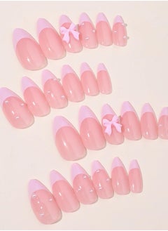 KHAJUL 24-Piece Full Cover False French Tip Press on Nails,Medium Fake Nails Almond Glue on Nails Bow Charm Pearl Design Acrylic Nails(Pink)  - Image 5