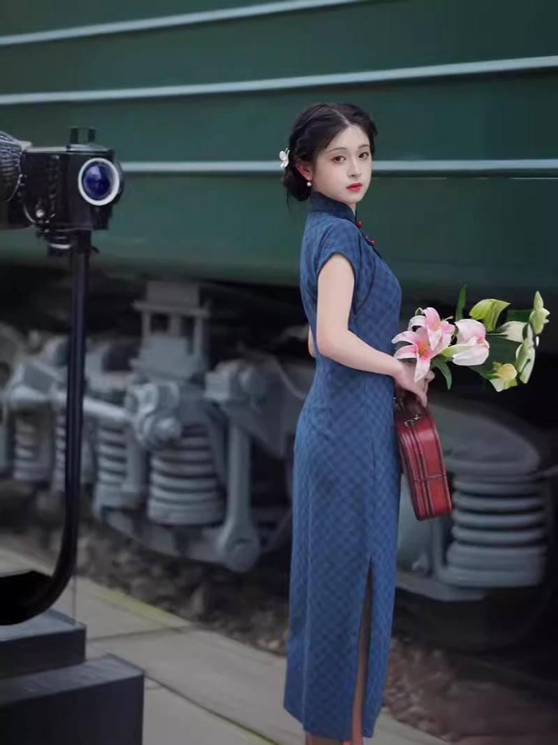Blue Republic Of China Long Long Georgette Ancient Cheongsam 2024 Traditional Chinese Style With Shoulder Sleeves Travel Poshoot - Image 5