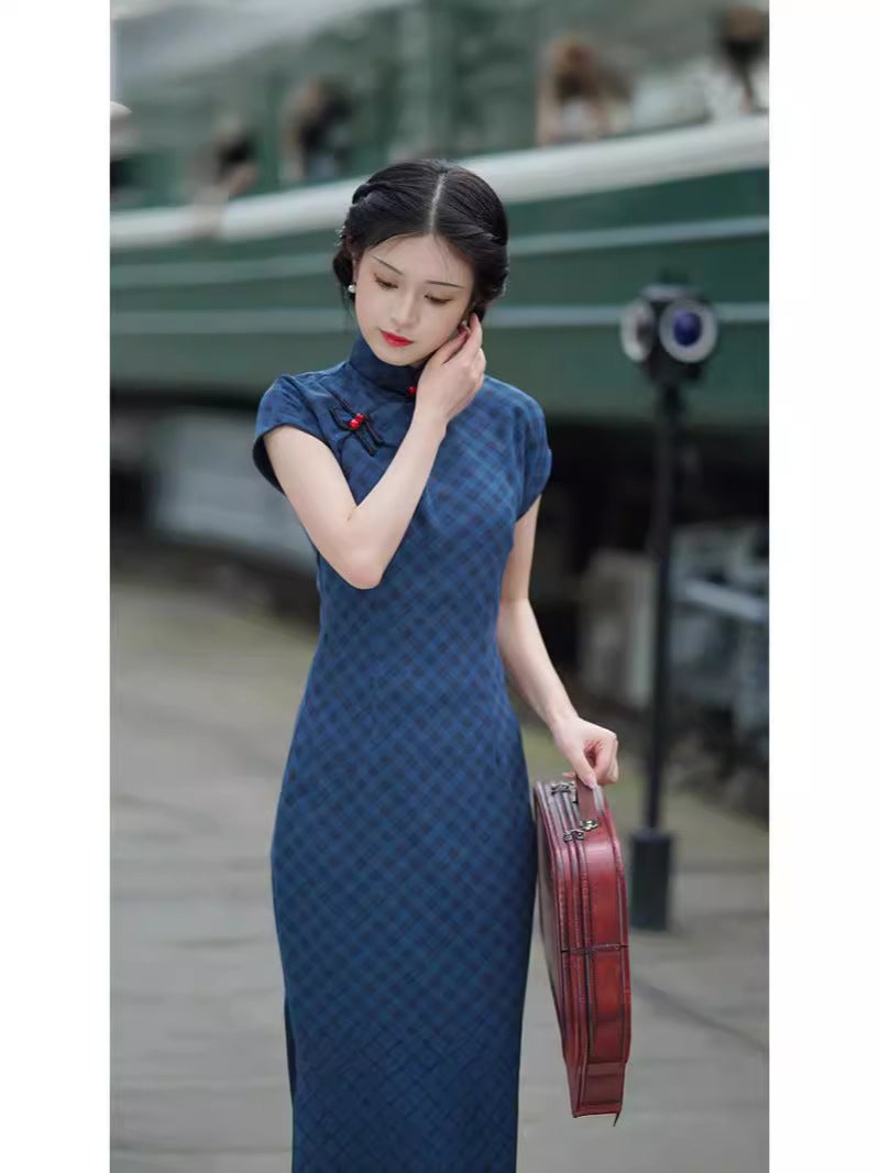 Blue Republic Of China Long Long Georgette Ancient Cheongsam 2024 Traditional Chinese Style With Shoulder Sleeves Travel Poshoot - Image 2