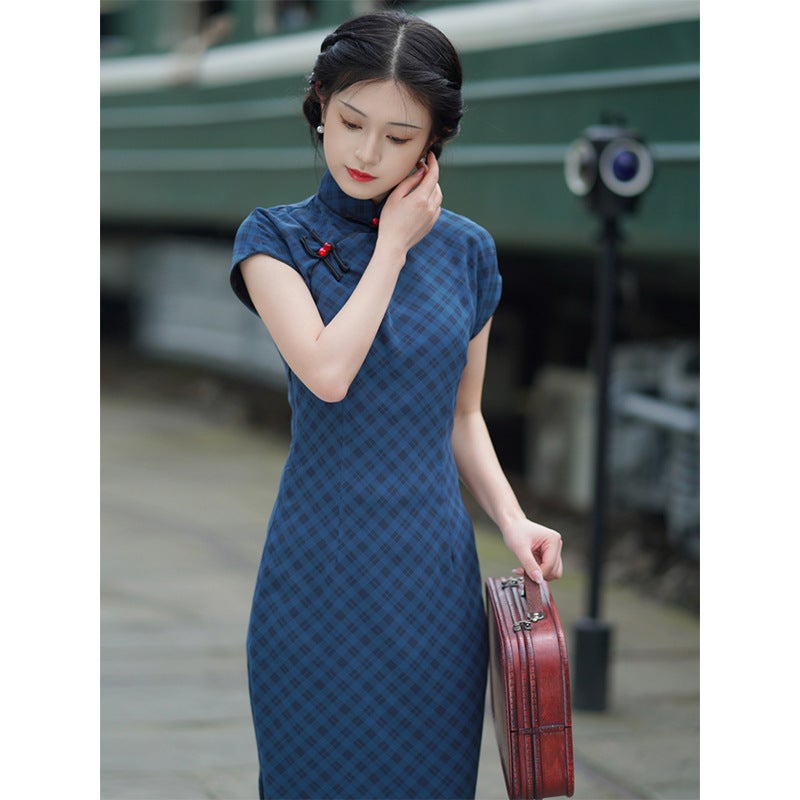 Blue Republic Of China Long Long Georgette Ancient Cheongsam 2024 Traditional Chinese Style With Shoulder Sleeves Travel Poshoot - Image 1