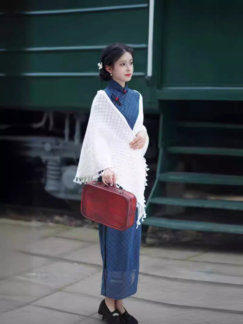 Blue Republic Of China Long Long Georgette Ancient Cheongsam 2024 Traditional Chinese Style With Shoulder Sleeves Travel Poshoot - Image 4