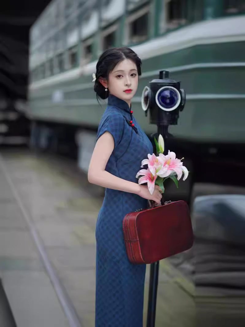 Blue Republic Of China Long Long Georgette Ancient Cheongsam 2024 Traditional Chinese Style With Shoulder Sleeves Travel Poshoot - Image 3