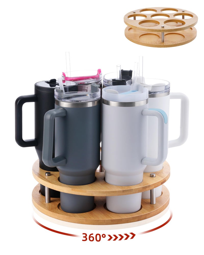 FAITIO Rotating Wood Tumbler Organizer, 30 oz 40 oz Spinning Turnable Tumblers Holder, 360Â° Rotatable 7 Large Cups Bottle Tumbler Storage Display Stand, Rotate Syrup Organizer for Cabinet Countertop - Image 1