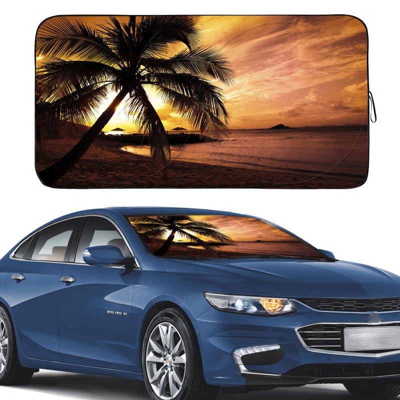 Gven Windshield Sun Shade, Car Shade Front Window Sunset-Yellow Style Sun Visor for Car Shield Blocks UV Rays Automotive Interior Sun Protection for Car Truck SUV (Sunset-Yellow, S