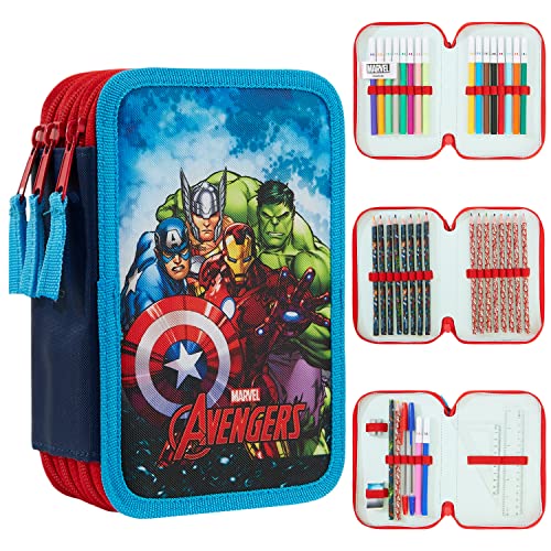 Marvel Pencil Case with Stationery Included School Supplies Filled Large Pencil Case Multiple Compartments Colouring Pencils Pens Boys Stationery Set Gifts for Boys Avengers Triple Zip - Image 1