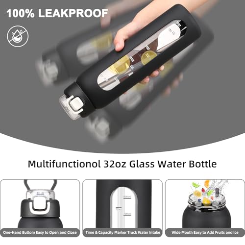 chunmo 32 oz Glass Water Bottles with 2 Lids-Handle Spout Lid & Straw Lid, 1 Liter Motivational Borosilicate Water Bottle with Time Marker and Silicone Sleeve,Leakproof-Black-1 Pack - Image 3