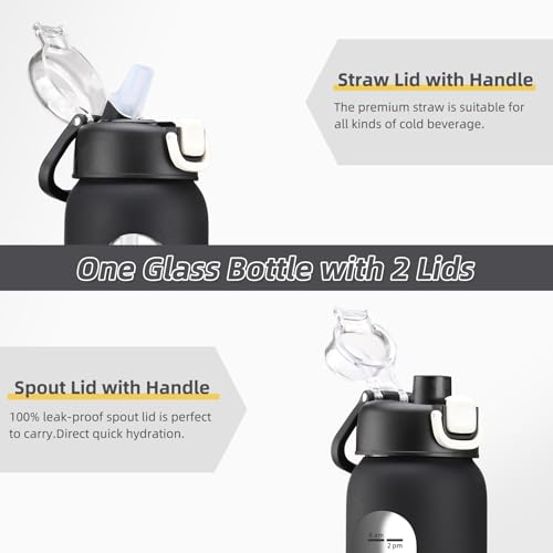 chunmo 32 oz Glass Water Bottles with 2 Lids-Handle Spout Lid & Straw Lid, 1 Liter Motivational Borosilicate Water Bottle with Time Marker and Silicone Sleeve,Leakproof-Black-1 Pack - Image 2