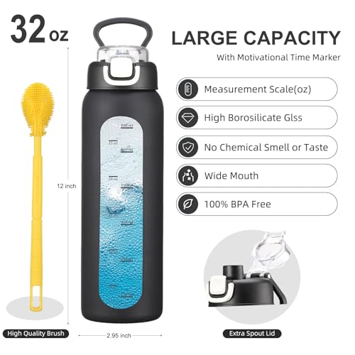 chunmo 32 oz Glass Water Bottles with 2 Lids-Handle Spout Lid & Straw Lid, 1 Liter Motivational Borosilicate Water Bottle with Time Marker and Silicone Sleeve,Leakproof-Black-1 Pack - Image 4