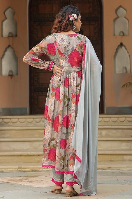 KD Women Georgette Anarkali Kurta Set with Crepe Pant and Pure Nazmeen Dupatta, Regular Fit, Calf Length, Full Sleeves (in, Alpha, S, Pink & Grey) - Image 3