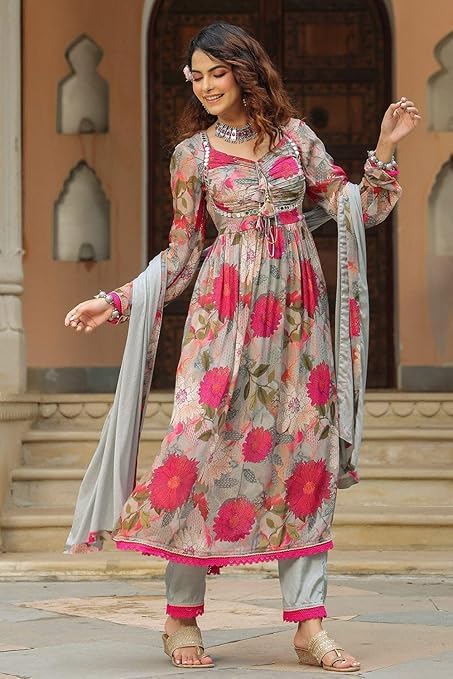 KD Women Georgette Anarkali Kurta Set with Crepe Pant and Pure Nazmeen Dupatta, Regular Fit, Calf Length, Full Sleeves (in, Alpha, S, Pink & Grey) - Image 2