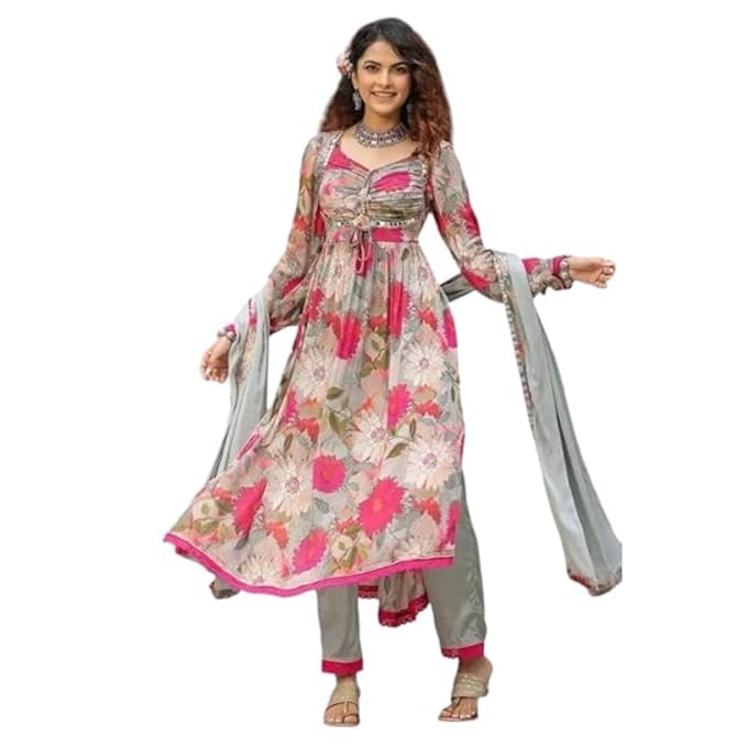 KD Women Georgette Anarkali Kurta Set with Crepe Pant and Pure Nazmeen Dupatta, Regular Fit, Calf Length, Full Sleeves (in, Alpha, S, Pink & Grey) - Image 1