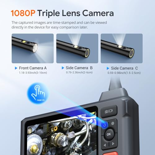 DEPSTECH Triple Lens Borescope Tool, DEPSTECH 5" IPS Screen Endoscope Camera with Lights, 1080P Sewer Inspection Camera & Split Screen, 180° Rotation, IP67 Snake Cable, Gadget for Automotive Mechanical Repair - Image 2