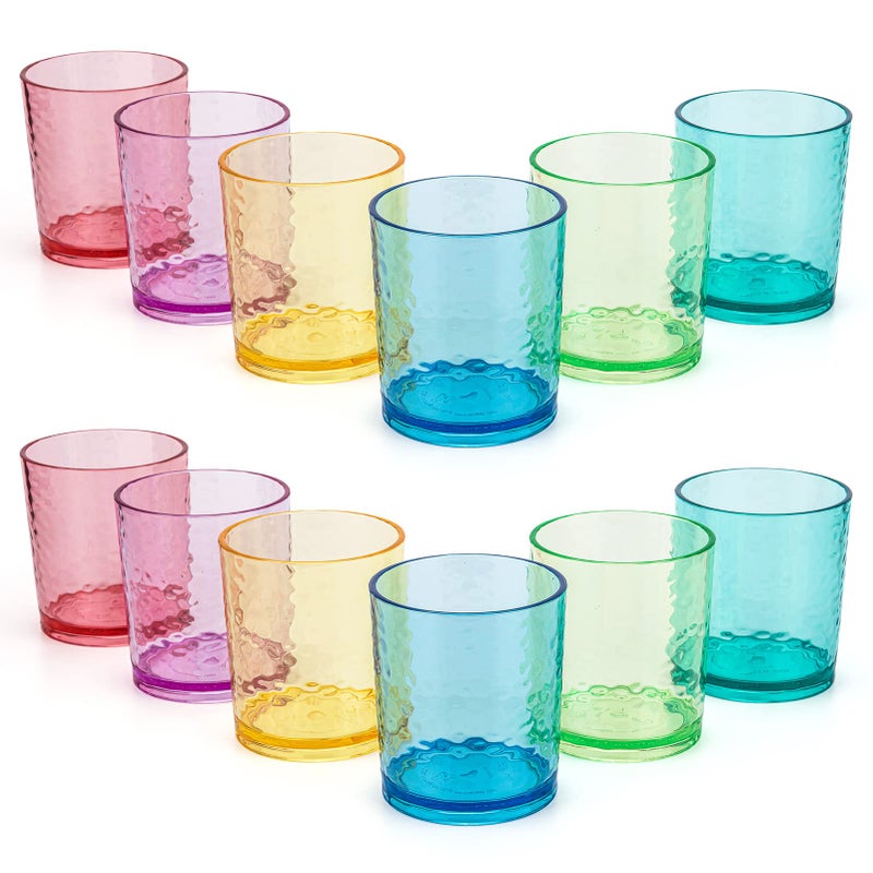 KXWARE 14ounce Acrylic Glasses Plastic Tumbler set of 12 Multicolor  Hammered Style Dishwasher Safe BPA Free