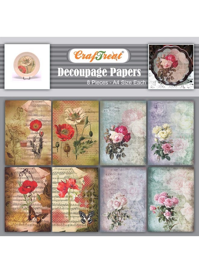 CrafTreat - Rose Decoupage Paper For Crafts And Furniture Poppies And Roses Size: A4 (8.3 X 11.7 Inch) 8 Pcs Furniture Decoupage Paper Poppies Floral Decoupage Paper For Furniture - Image 1