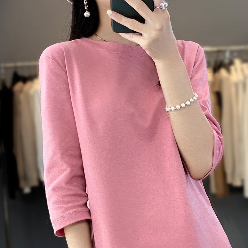 Round Neck Cotton Tee Women Slim Fit Spring Summer Lotus root purple 
