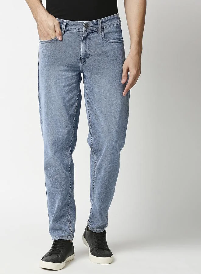 HIGH STAR Men's Blue 100% Cotton Solid Pattern Full Length Relaxed Jeans