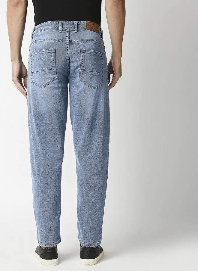 HIGH STAR Men's Blue 100% Cotton Solid Pattern Full Length Relaxed Jeans
