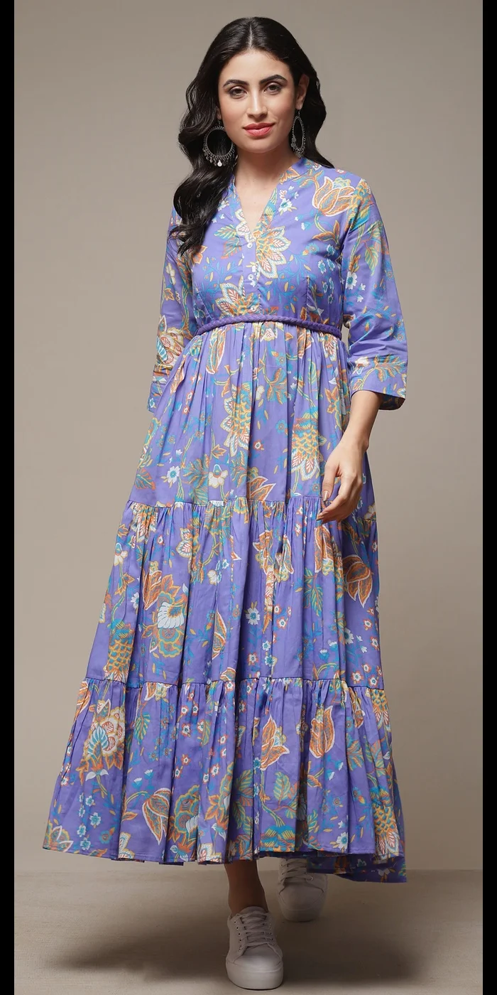 Biba Lilac Cotton Tiered Printed Dress