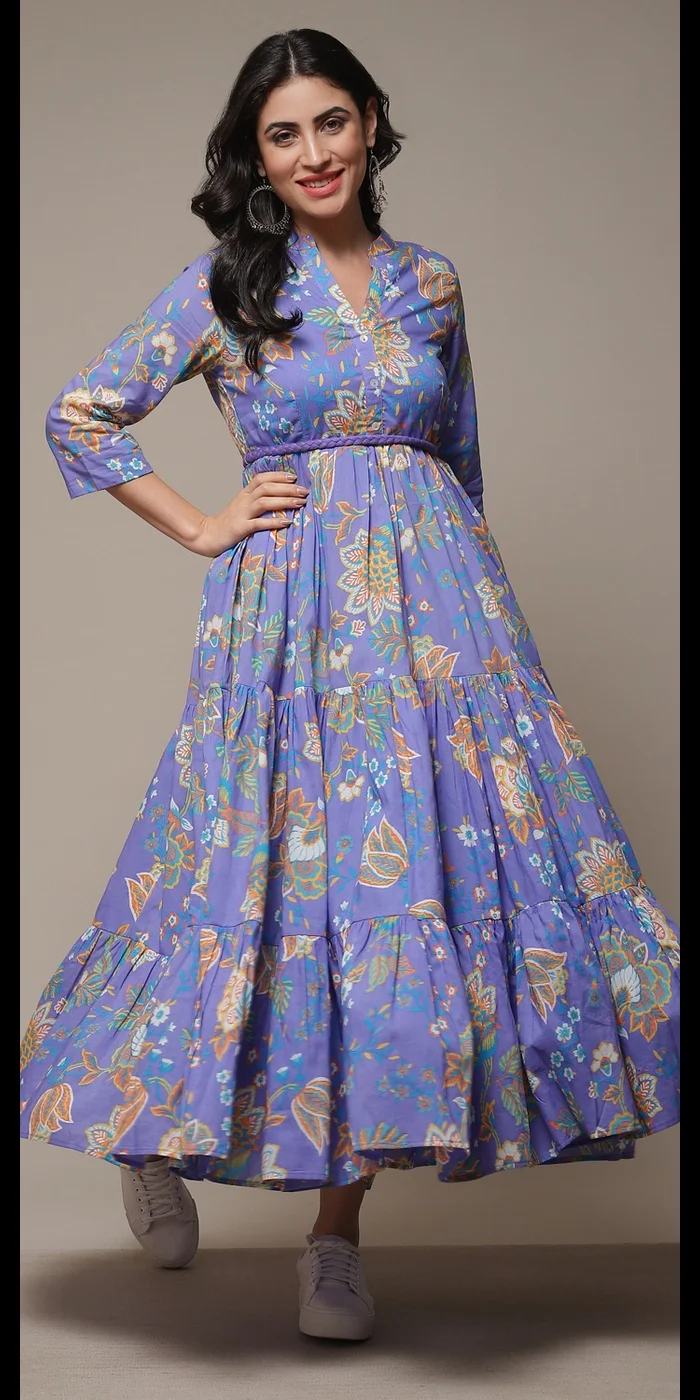 Biba Lilac Cotton Tiered Printed Dress