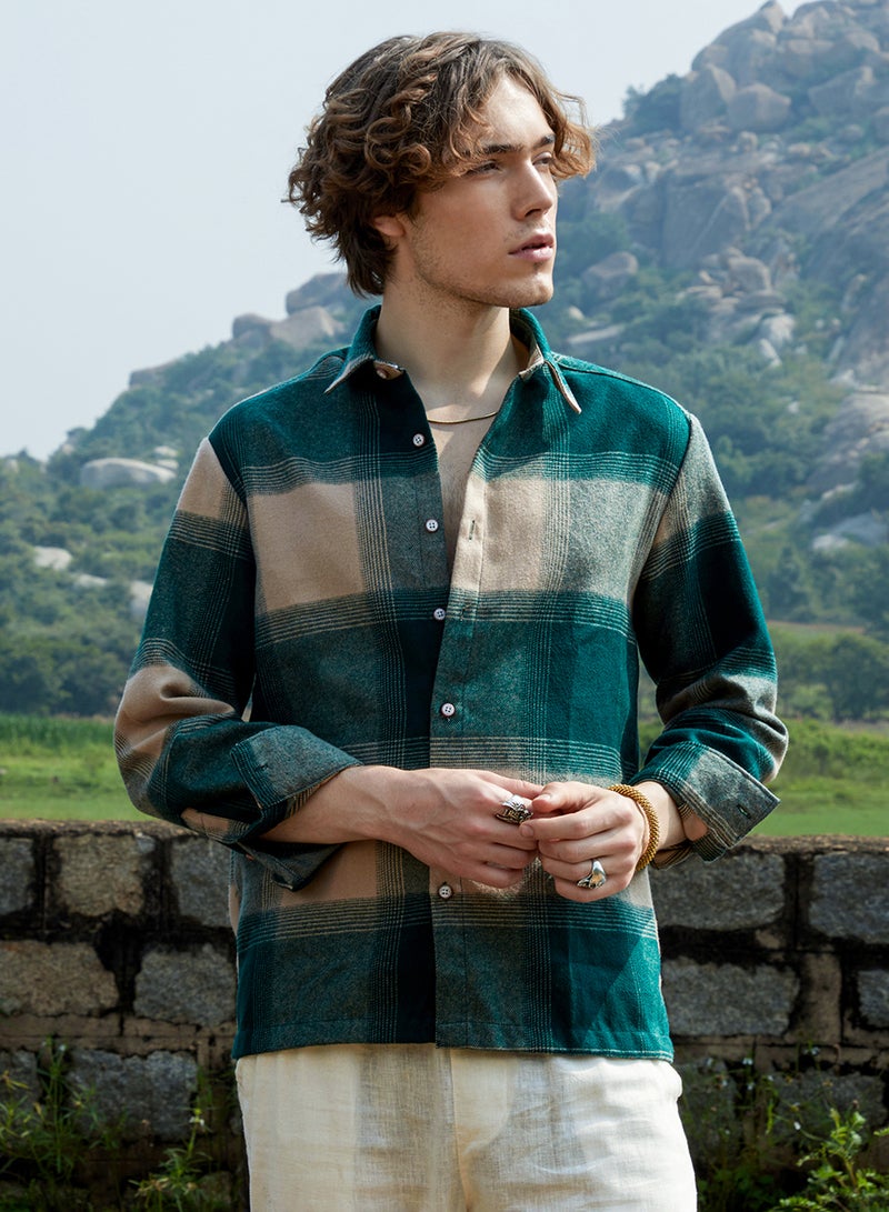 Campus Sutra Men's Emerald Green & Buff Beige Vignette-Checkered Oversized Shirt - Image 2