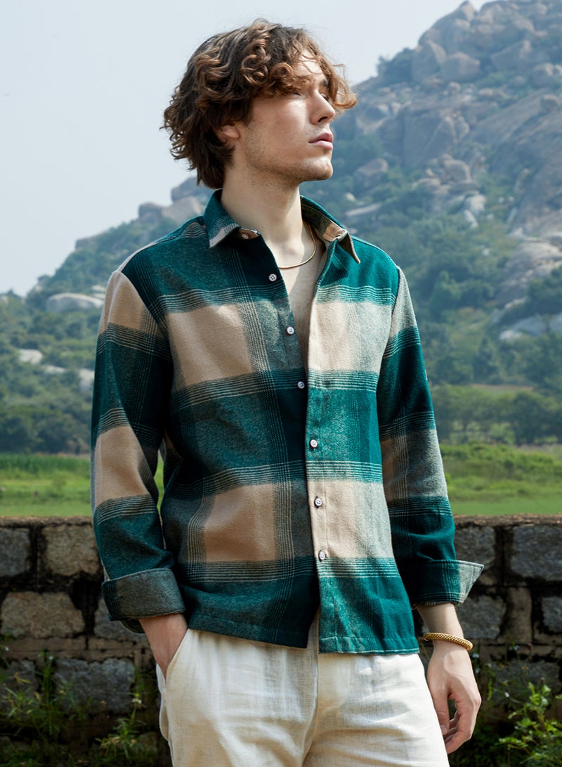 Campus Sutra Men's Emerald Green & Buff Beige Vignette-Checkered Oversized Shirt - Image 3