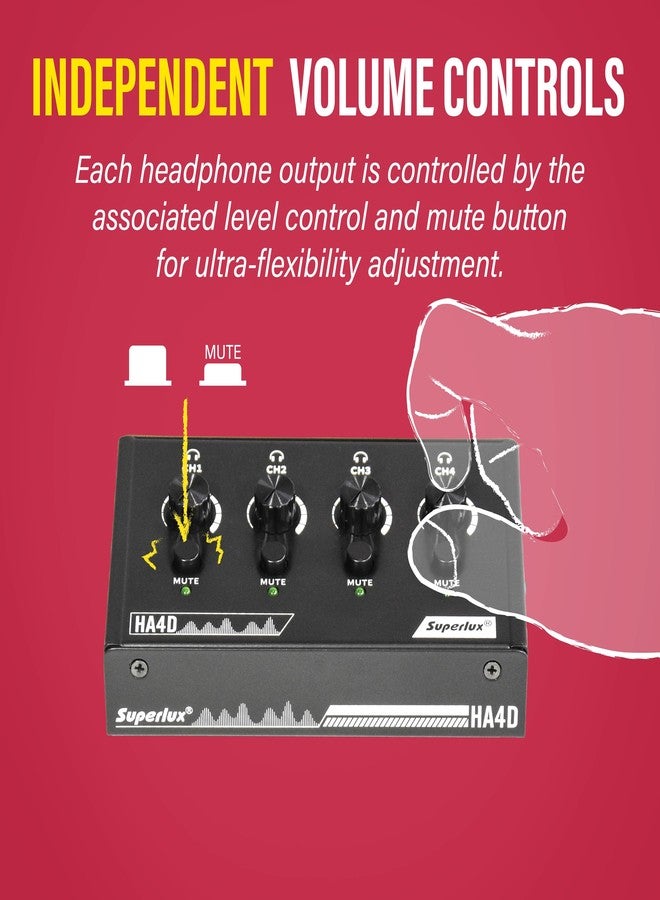 Superlux HA4D 4-Channel Premium Headphone Amplifier, Compact Headphone Amp with USB-C Power, Independent Volume & Mute Control, 3.5mm Audio Input/Output, Monitor for Studio, Podcast, Recording - Image 4