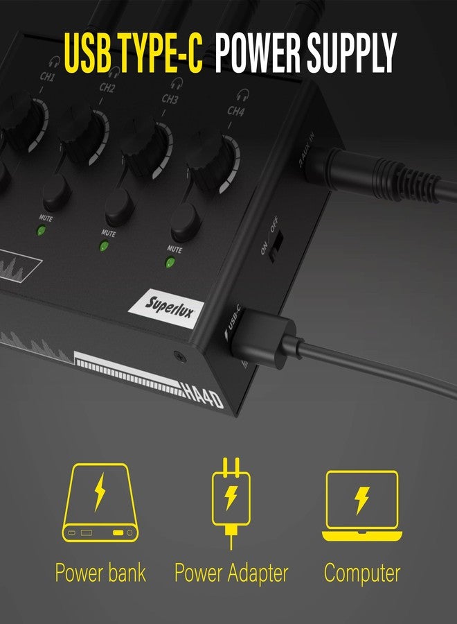Superlux HA4D 4-Channel Premium Headphone Amplifier, Compact Headphone Amp with USB-C Power, Independent Volume & Mute Control, 3.5mm Audio Input/Output, Monitor for Studio, Podcast, Recording - Image 5