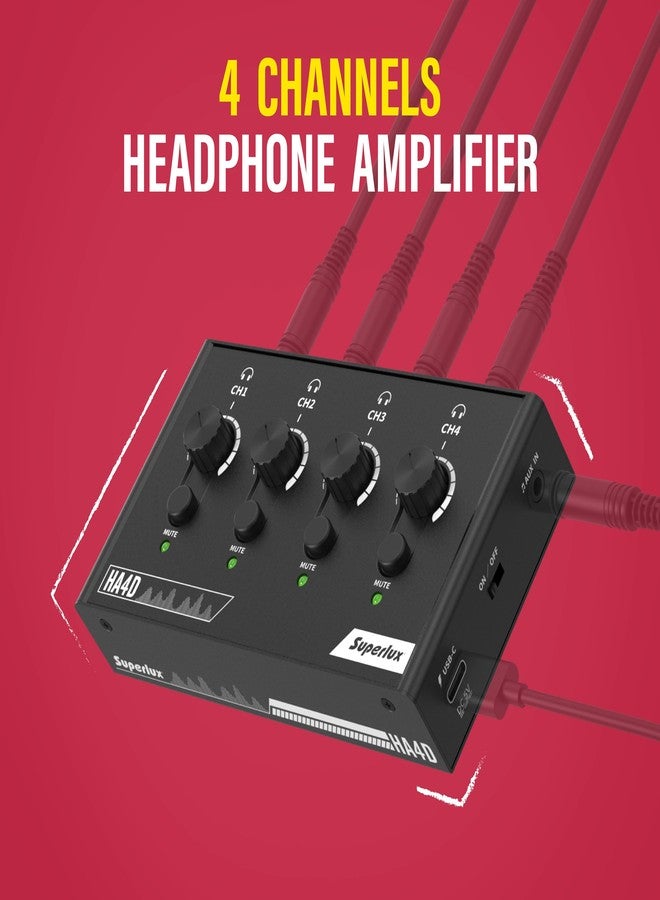 Superlux HA4D 4-Channel Premium Headphone Amplifier, Compact Headphone Amp with USB-C Power, Independent Volume & Mute Control, 3.5mm Audio Input/Output, Monitor for Studio, Podcast, Recording - Image 2