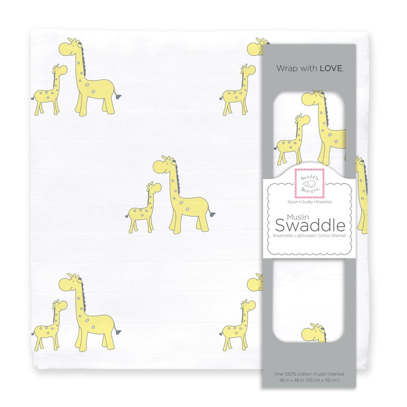 SwaddleDesigns Cotton Muslin Swaddle Blanket, Receiving Blanket for Baby Boys & Girls, Best Registry Gift, 46x46 inches, Little Giraffes, Yellow - Image 1