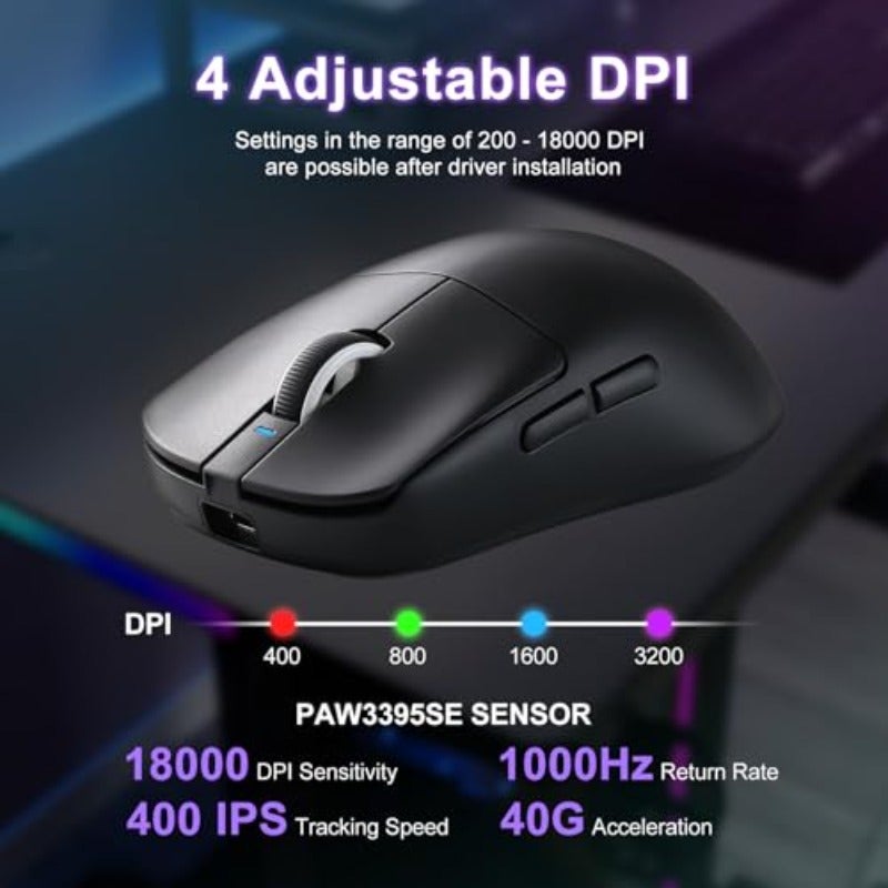 فأرة ألعاب R1 SE+ عالية الدقة 18000 نقطة في البوصة مع مستشعر PAW3395SE عالي الدقة، وزن خفيف 55 غرام، بثلاثة أوضاع اتصال، فأرة لاسلكية قابلة للبرمجة ومريحة، مناسبة لأجهزة اللابتوب والكمبيوتر الشخصي والماك، لون أسود - Image 3