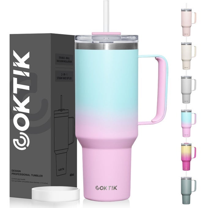 40 OZ TUMBLER WITH HANDLE AND STRAW LID VACUUM INSULATED TRAVEL COFFEE MUG STAINLESS STEEL INSULATED CUP FOR BEVERAGES LEAKPROOF CUPHOLDER FRIENDLY BUBBLE GUM