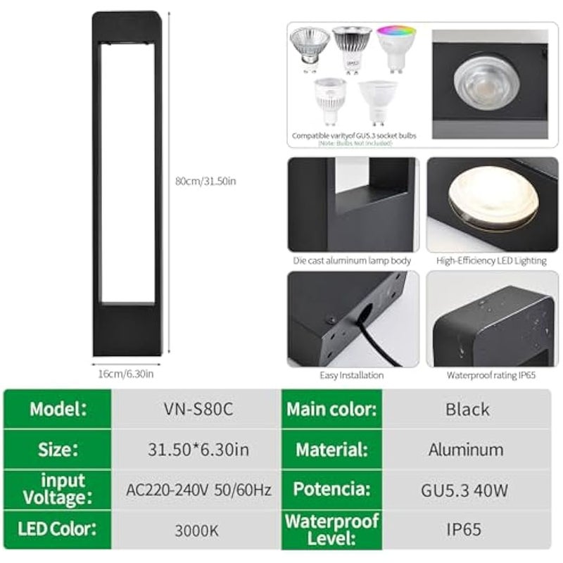 V.nice Outdoor LED Bollard Light, Modern Square Landscape Pathway Light for Garden Lawn Walkway Driveway, IP65 Waterproof Aluminum Pillar Lamp, Soft Down Lighting for Yard Patio Decoration - Image 2