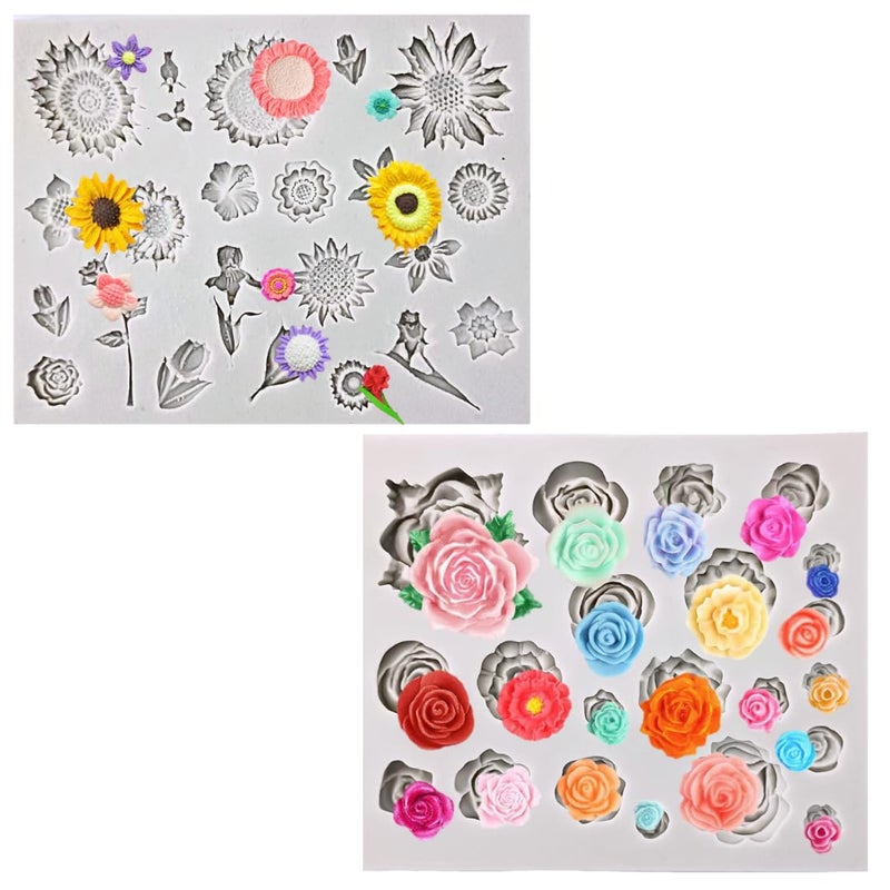 HUSAINI MART 1pc 21 Cavity Rose with 22 Cavity Sunflower Daisy Flower Mould ComboCake Decorating Topper Cupcake ChocolateCookieBrowniePastries DIY Baking Multicoloured - Image 1