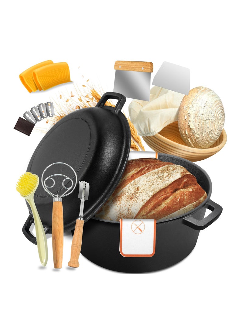 اكسيسن قدر من الحديد الزهر مسبق التتبيل مع غطاء مقلاة، 2 في 1 لخبز الخبز المخمر، مع سلة تخمير ومستلزمات الخبز، سعة 5 لترات للقلي والطهي على نار هادئة - Image 1