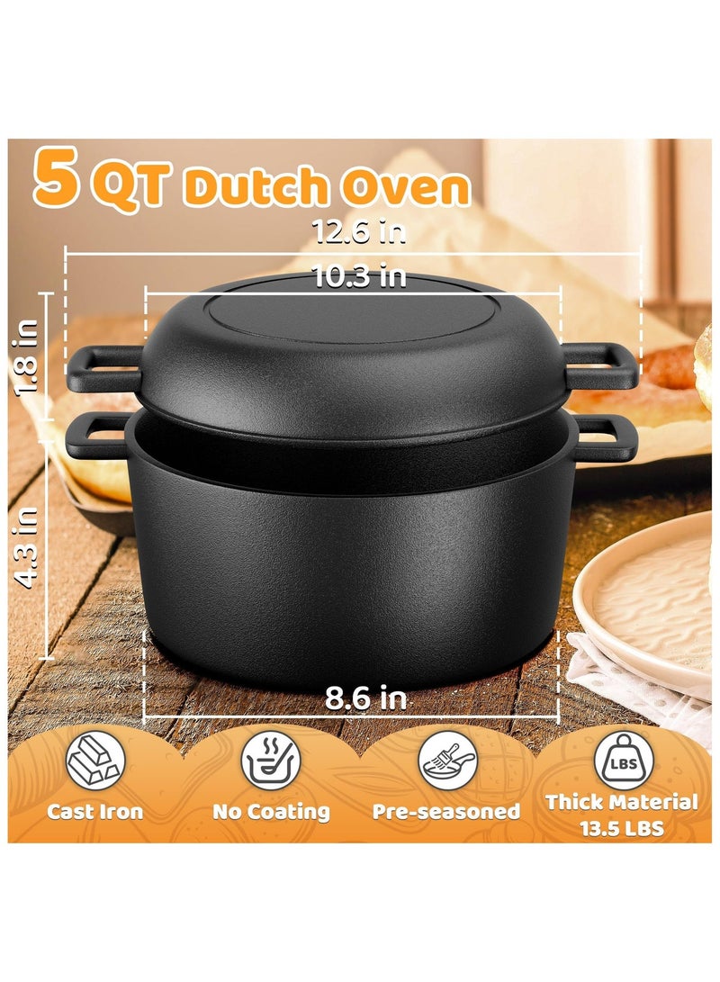 اكسيسن قدر من الحديد الزهر مسبق التتبيل مع غطاء مقلاة، 2 في 1 لخبز الخبز المخمر، مع سلة تخمير ومستلزمات الخبز، سعة 5 لترات للقلي والطهي على نار هادئة - Image 3