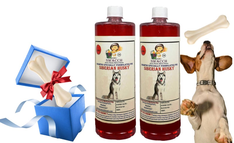swacch Shampoo | Puppy Safe Shampoo | Siberian Husky Dog Shampoo (1 Litre) (Pack of 2) Strawberry + Medium White Bone | Dog Chew Bones | Teething chew Toy | Dental Teething |Combo Pack - Image 1